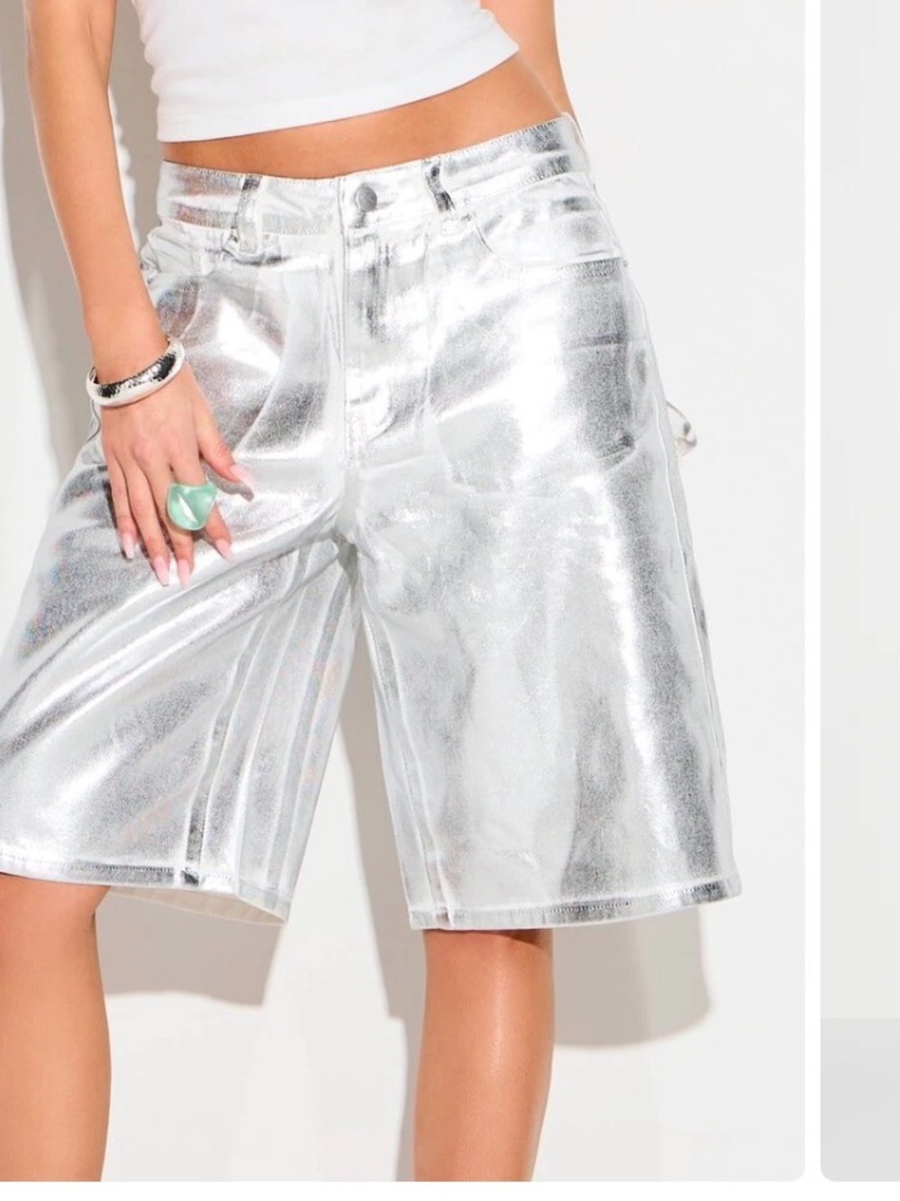 Metallic Silver High-Waist Women’s Bermuda Shorts